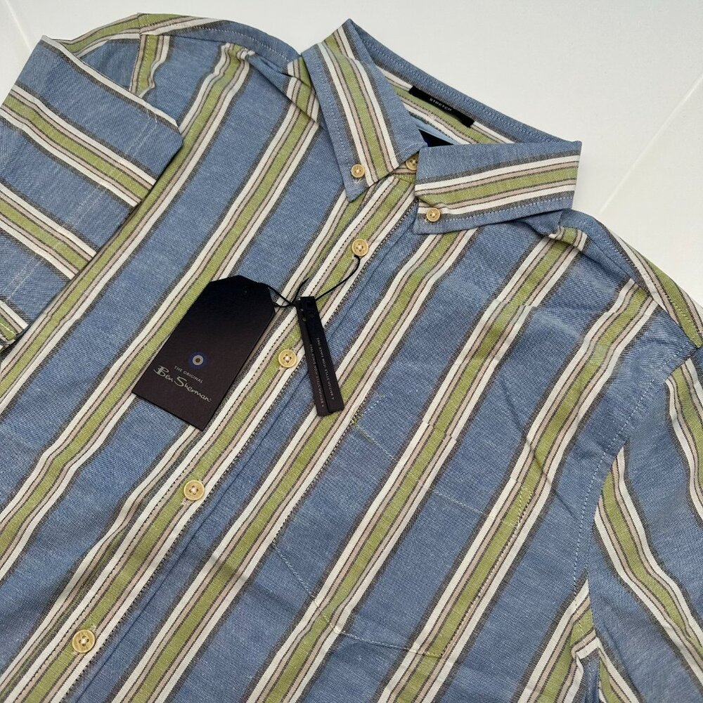 Ben Sherman Men's Vertical Stripe Short Sleeve Button Down Shirt, Size M,‎ Blue